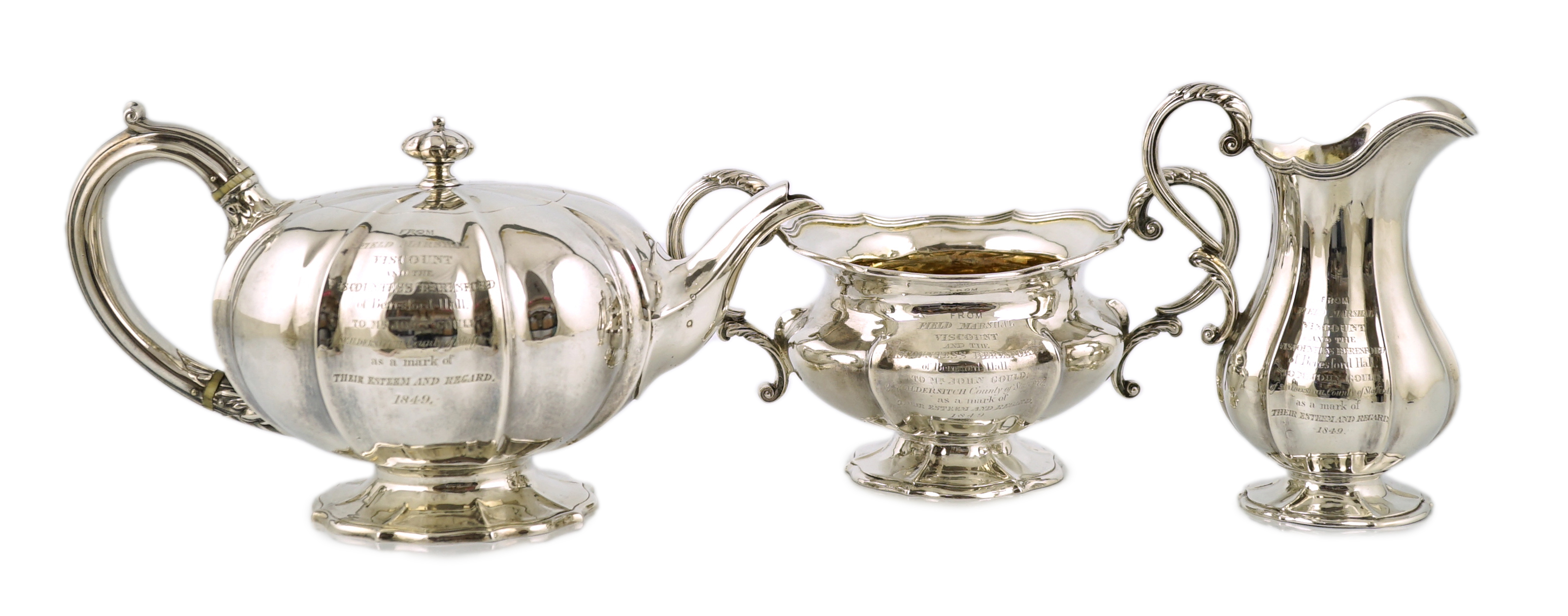 A matched three piece William IV and Victorian silver tea service, the teapot inscribed to 'Field Marshall Viscount Beresford, Beresford Hall 1849'